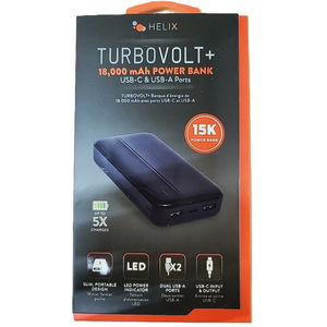 Helix TurboVolt+ 18,000 mAh Power Bank with USB-C and USB-A Ports - Black