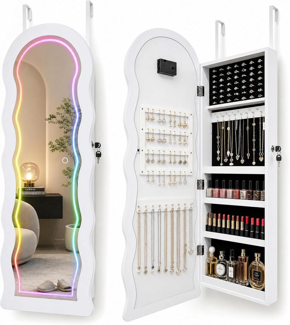Fiqevs Wall/Door Mirror Jewelry Cabinet, Remote Control RGB Light Mirror, Hanging Jewelry Organizer with Full-Length Mirror and Storage, Item Dimensions D x W x H 3.54"D x 15.35"W x 42.52"H