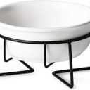Ceramic Raised Cat Dishes or Small Dog Bowl with Metal Stand 12 oz, Pet Food or Water Bowls, White