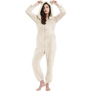 COZYPOIN Womens Fleece Onesies Pajamas Fuzzy Sherpa Adult Hooded One Piece Onesie Winter Romper Flannel Loungewear Sleepwear (White, XS)