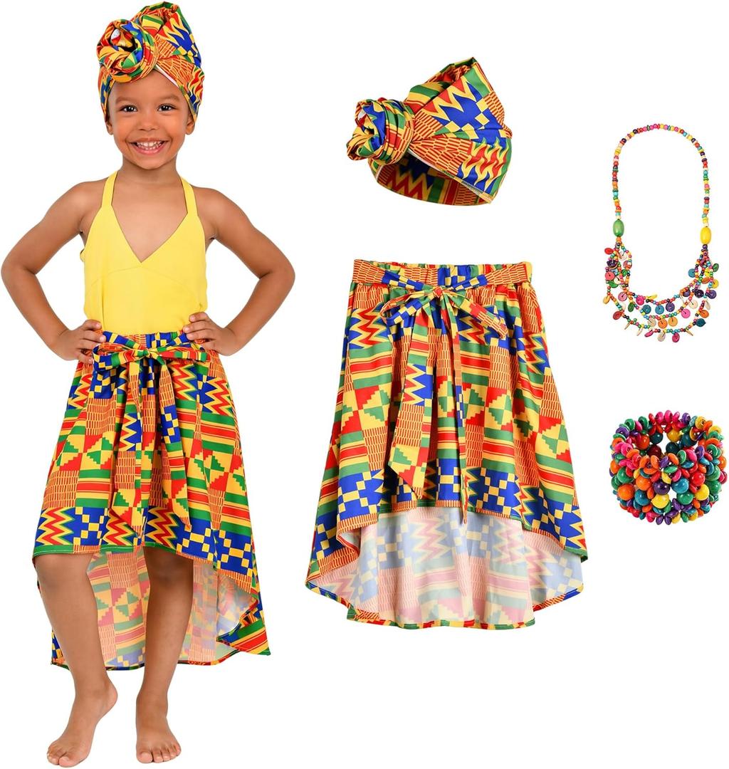 4 Pcs Girl African Clothes Dashiki Ankara Traditional Costume Dress Toddler Attire Maxi Skirt Head Wrap Necklace Bracelets