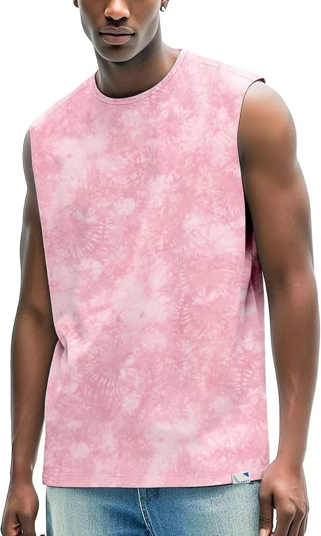 Men's Tank Tops for Workout Muscle Casual Sleeveless Shirts Crewneck Basic Loose Fit UV Protection Summer Beach Tops (Pink, XL)