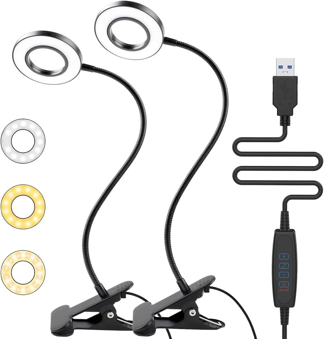 Miady 2 Pack LED Clip on Lamp Book Light for Kids Reading in Bed, 3 Color Modes with 10 Levels Brightness Flexible Gooseneck Clamp for Bed Headboard Video, Craft, Make up, Study (Black)