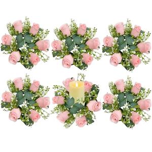 tyoungg 6 PCs Artificial Pink Rose Eucalyptus Pillar Candle Rings Wreath Weddding Banquet Reception Table Centerpiece Spring Home Decor (6, Pink)