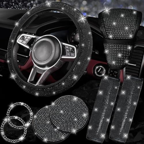NBTEPEM 8 pcs Bling Car Accessories Set for Women, Steering Wheel Cover, Sparkly Seat Belt Covers, Bling Gear Shift Cover, Universal Fit Most Cars (Black Diamond)
