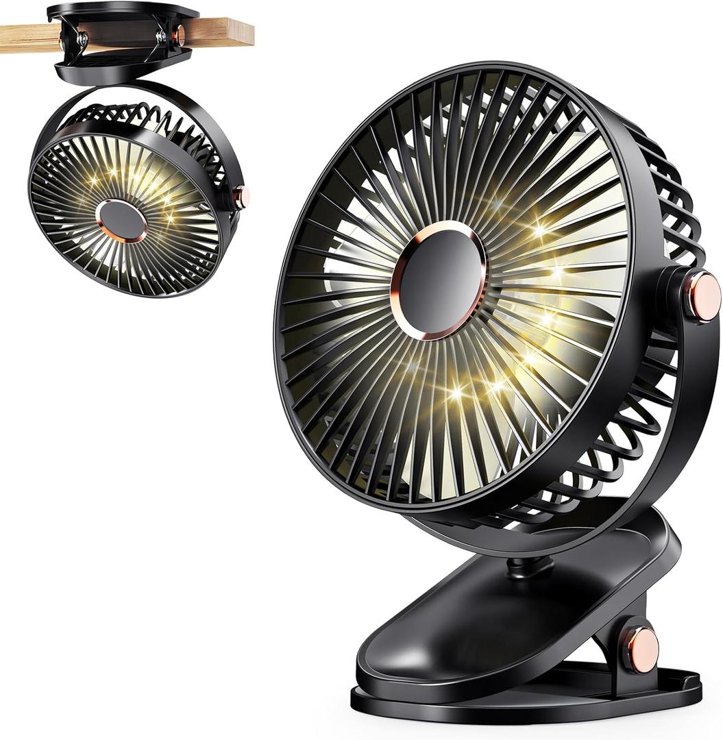 iNeibo 4000mAh Portable Clip on Fan with LED Lights, Battery Operated USB Desk Fan,4 Speed Quiet Rechargeable Mini Table Fan, 360 Rotate Personal Cooling Fan for Home Office Stroller Camping (Black)