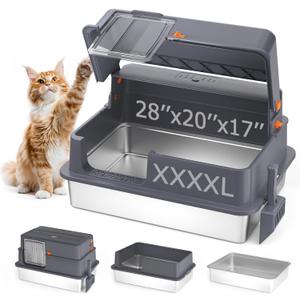 Enclosed XXXL Stainless Steel Litter Box, 28" L x 20" W x 17" H, Side Entry Extra Large Metal Cat Litter Box with Lid for Big & Multiple Cats, Removable Enclosure, Anti-Leakage,Easy to Clean