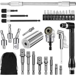 31 Pcs Flexible Drill Bit Extension Set,105 Right Angle Drill Attachment, 1/2 3/8 1/4 inch Universal Hex Socket Adapter, Rotatable Socket Wrench Tools, Drill Bit Holder Screwdriver with Box(Silver)