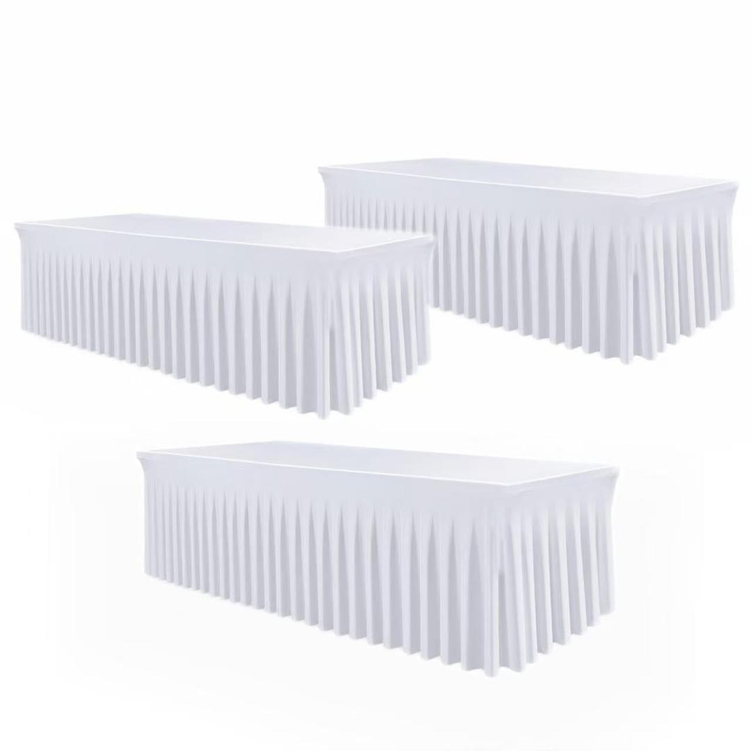 WJWHQ 3 Pack White Spandex Tablecloths, Stretch Fitted 6ft Table Cover (120 Inch) with Skirt, Wrinkle Free for Weddings, Parties, Banquets, Dining Fits 6 Foot Rectangle Tables