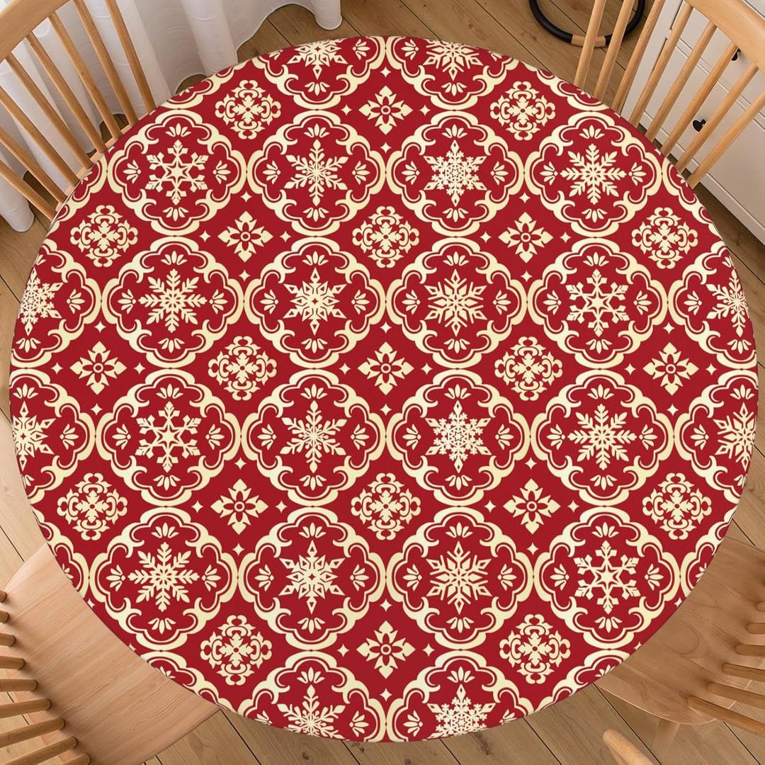 Christmas Round Fitted Tablecloth with Elastic for 40-44 Inch Tables Red Gold Snowflake Block Print Winter Fitted Table Cover Waterproof Holiday Theme Farmhouse Indoor Outdoor Patio Picnic Party