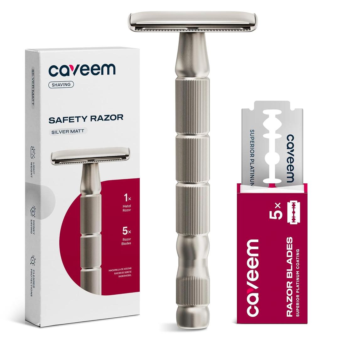 Double-Edge Safety Razor, Single-Blade Razors with 5 Stainless Steel Safety Razor Blades for Men and Women, Reusable Metal Razor  Silver Matt (1 Count (Pack of 1))