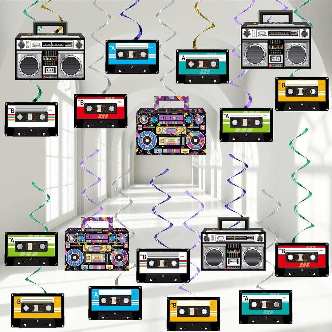 72Pcs 90s Theme Party Decorations 90s Hanging Swirls 80s Music Recorder Tape Hanging Swirls Hip Hop Party Paper Cutouts Ceiling Streamers Retro Music 70s 2000s Supplies for 1990s Birthday Favors Decor