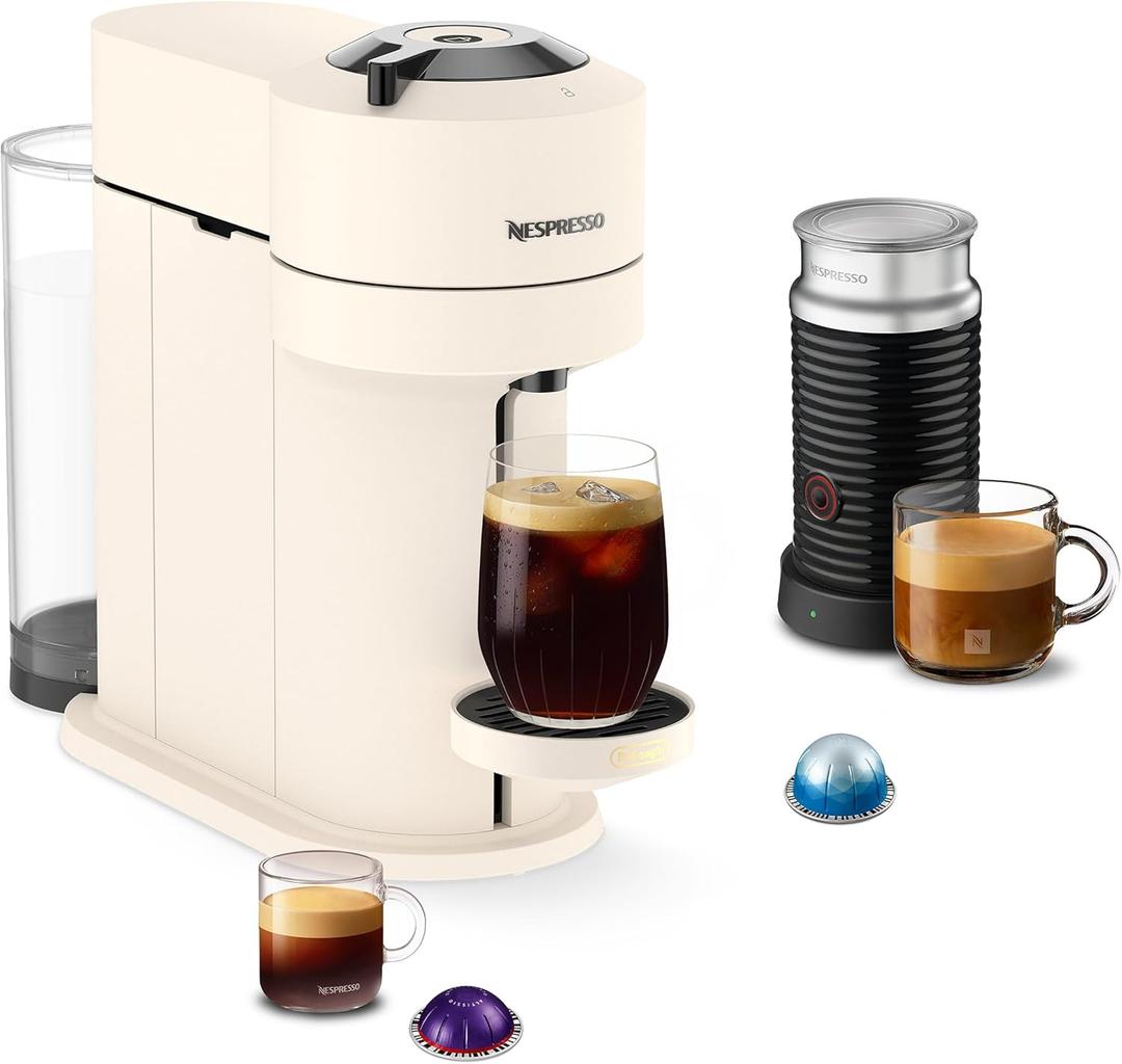 Nespresso Vertuo Next Premium Coffee and Espresso Maker by Breville with Aeroccino Milk Frother, Creamy White Dark Chrome