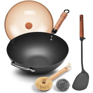 WANGYUANJI 12.6" Wok with Lid, Flat Bottom Nonstick Wok Pan for Induction Cooktop, Stir Fry Woks & Pans for Cooking