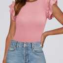 KIRUNDO Summer Sweaters for Women Lightweight 2025 Fall Ruffle Short Sleeve Business Casual Tops Slim Soft Knit T Shirts (S)
