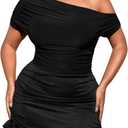 WDIRARA Women's Plus Size Off Shoulder Tee Shirt Ruched Asymmetrical Short Sleeve Tops (XX-Large Plus)