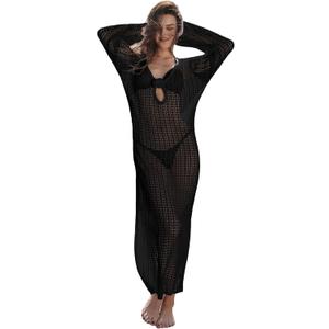 Leoparts Women's Knitted Swimsuit Cover Up 3D Floral Hollow Out Open Back Tie-Up Maxi Dress Beachwear Coverup Dresses (Large, 2416 Black)