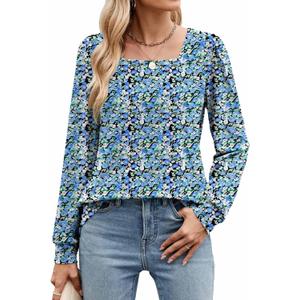 Poetsky Women's Tops Casual Puff Long Sleeve Shirts 2025 Fall Fashion Square Neck Loose Fit Tunic Blouses (XL)