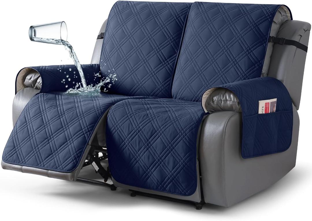 TAOCOCO 100% Waterproof Loveseat Recliner Cover, Non Slip Split Loveseat Covers for Reclining Loveseat with Elastic Straps, Washable Recliner Chair/Furniture Protector for Pets(2 Seater, Navy Blue)