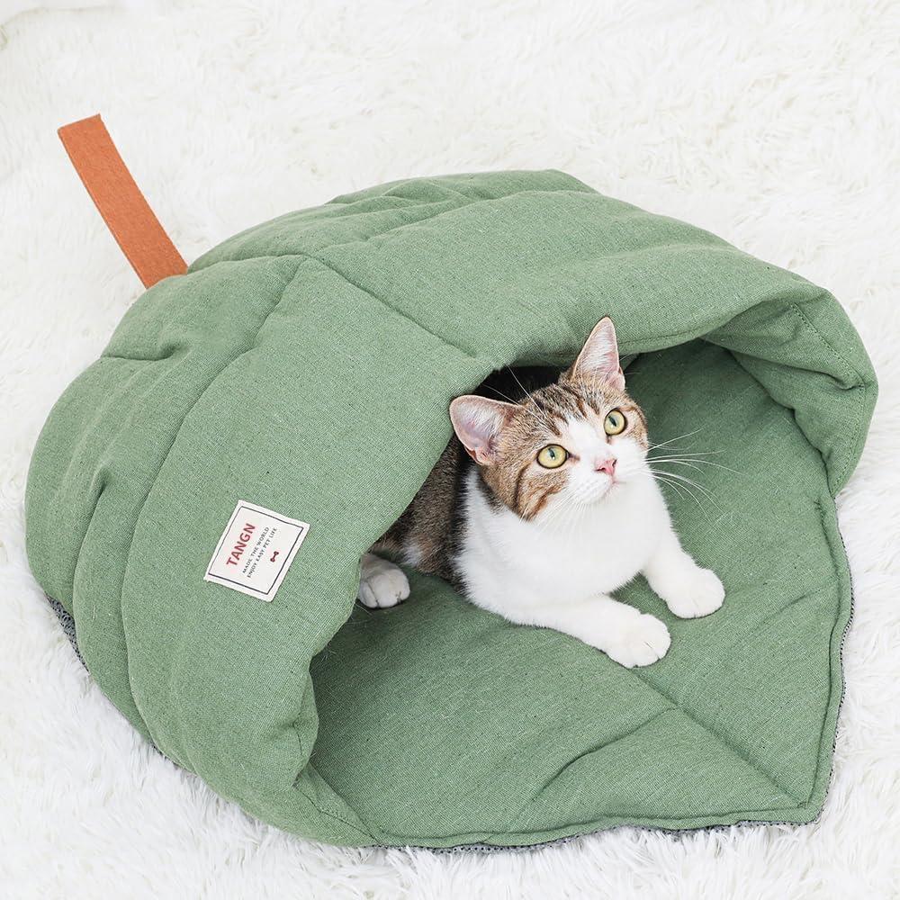 Cat Hole, Cute Bed, cat Sleeping Bag, Dog Sleeping Bag, Linen cat Bed Hole, Leaf nest pet Hug Area Covered with Hidden Hood, Comfortable, Soft, Durable, Washable. (Green)