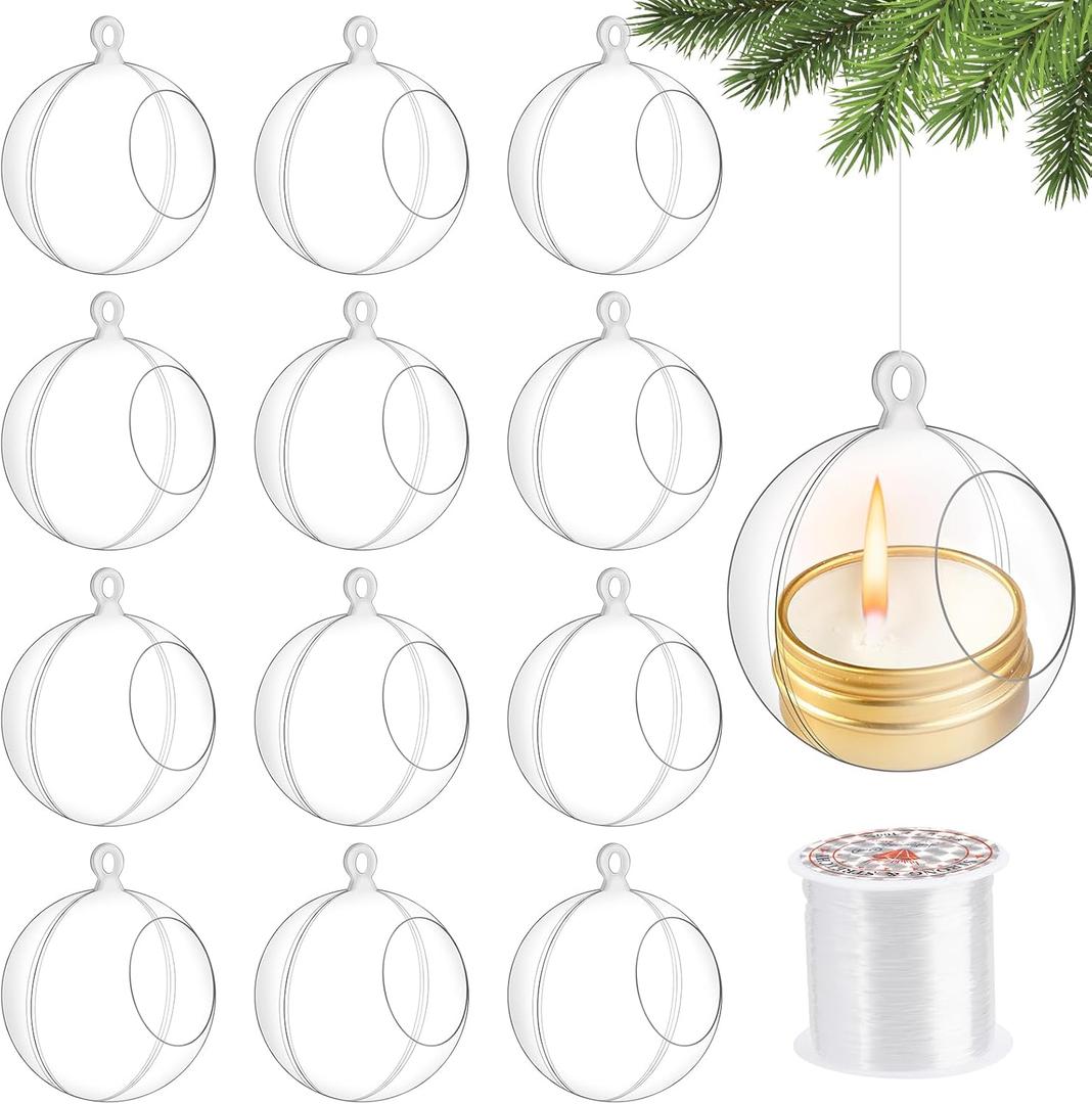 12 Pcs Hanging Globe Tealight Holders Acrylic Fillable Ball Ornaments Clear Plastic Terrarium Globe Hanging Tea Lights Candle Holder with Fishing Line for Christmas Party Wedding Centerpiece