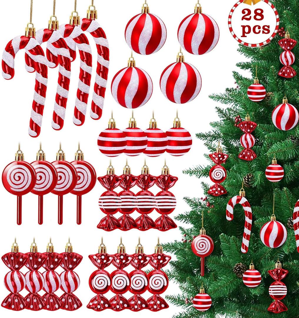 28 Pcs Candy Cane Ornaments for Christmas Tree Decoraions,Candy Cane Christmas Decorations,Plastic Peppermint Ornaments for Tree Party Hanging Decor Holiday Red and White Decoration (Red)
