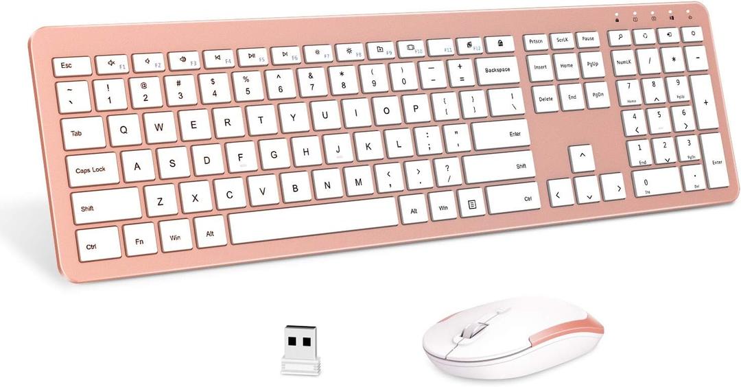 Wireless Keyboard and Mouse Combo - Full Size Slim Thin Wireless Keyboard Mouse with Numeric Keypad 2.4G Stable Connection Adjustable DPI - Rose Gold & White