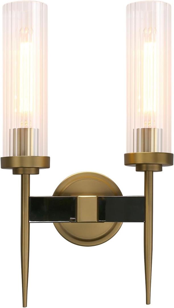 PERMO Wall sconces 2 Light Modern Wall Lighting Fixtures with 2.8" Cylindrical Clear Glass Shade Brass Double Wall sconces for Living Room Bathroom Corridor Mirror Bedroom