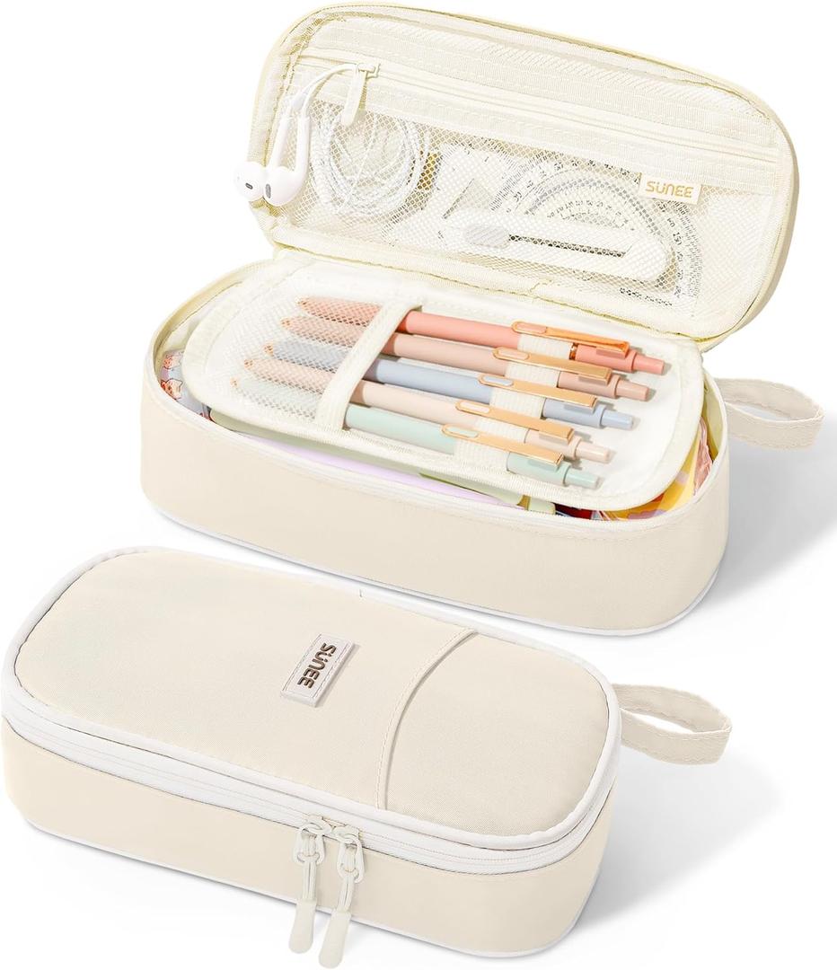 SUNEE Cute Pencil Case, Aesthetic Pen Pouch, Colored Large Pencil Bag with Zipper, Kawaii Stationery Storage and Organizer, School Supplies for Teen and Adult Girls, Beige