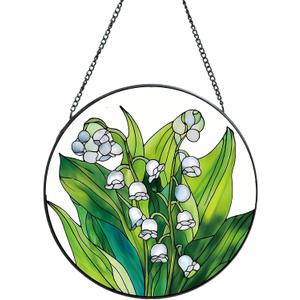 Suncatcher Stained Glass Window Hanging - Flowers Glass Panel with Metal Chain and Hooks Handmade Sun Catcher Decoration for Window Garden Home Christmas & Birthday Gifts (7.8 Inch)