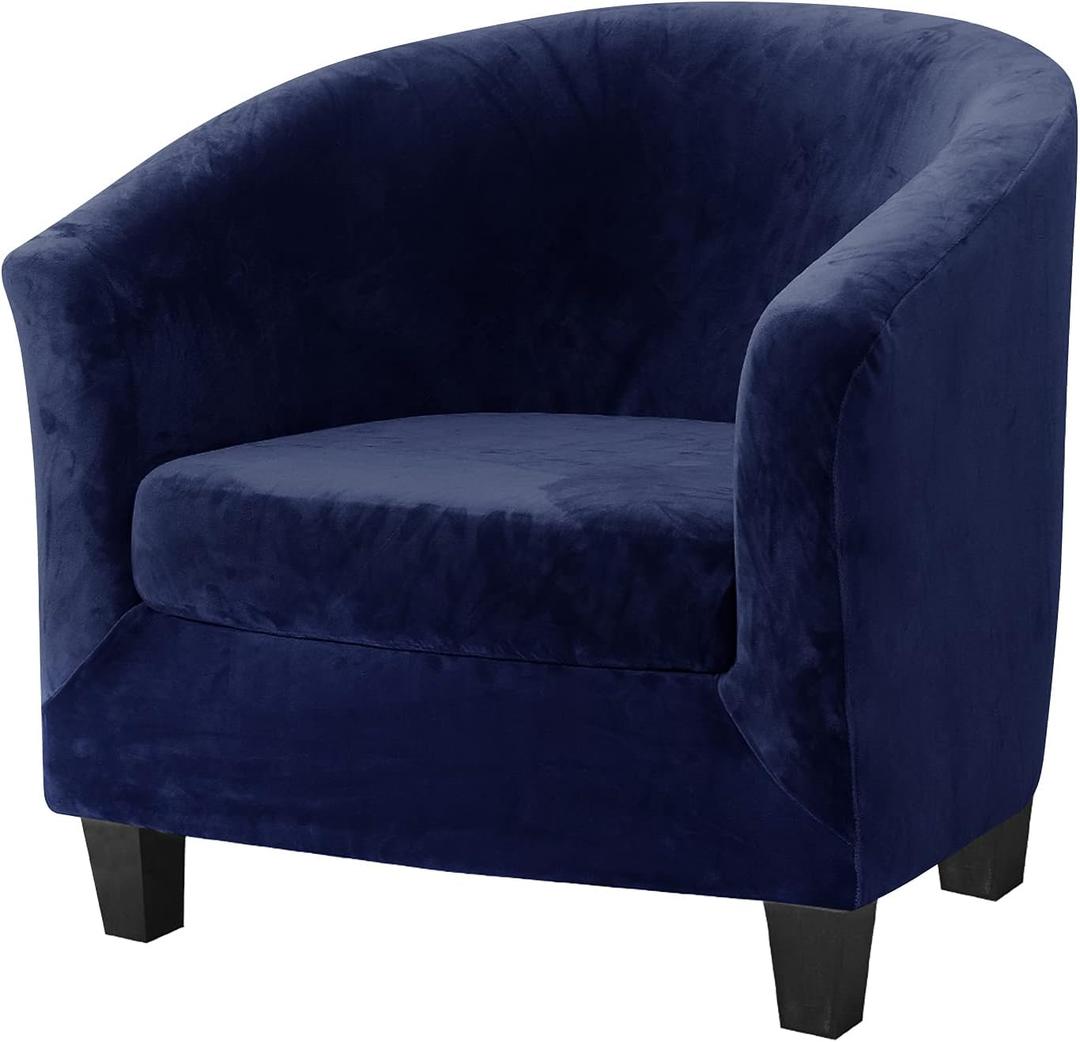 MIFXIN Tub Chair Slipcover 2-Piece Stretch Club Chair Cover with Cushion Cover Spandex Round Barrel Chair Couch Armchair Furniture Protector for Living Room Hotel (Velvet Navy)