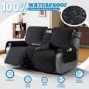 TAOCOCO 100% Waterproof Loveseat Recliner Covers with Console, Black | Reversible Reclining Loveseat Cover for 2 Seat with Leg Straps, Washable Couch Protector with Storage Pocket for Kids & Pets, 22"D x 70"W x 40"H