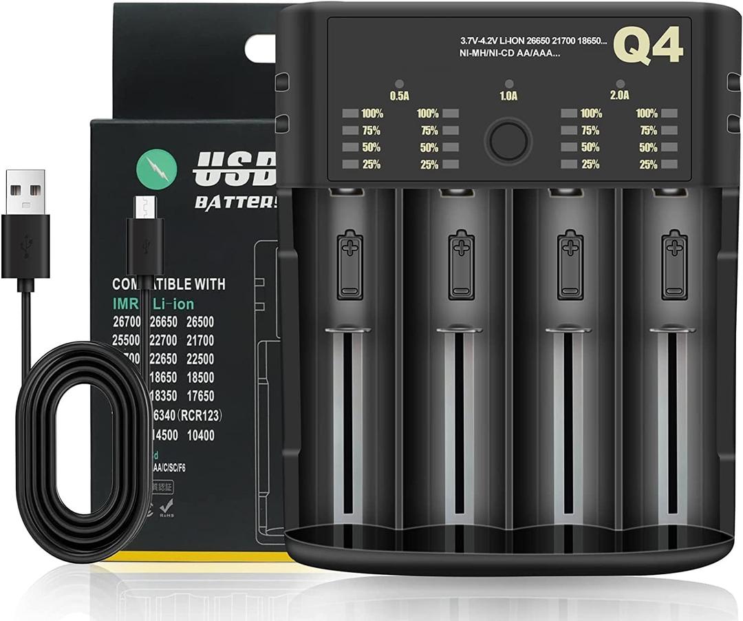 18650 Battery Charger Quick Charger 4 Slots Rechargeable Battery Charger for 3.6-4.2V Li-ion Battery: 10440 16340 18650 18700 20700 21700 22650, 1.2-2.4V Ni MH/Ni CD: AAAA,AAA,AA,A,SC,C