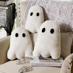 Huwena 3 Pcs Happy Halloween Throw Pillows Spooky Ghost Throw Pillow Decorative Pillow Pearl Fleece Cute Pillow for Couch Sofa Bed Decoration(White)