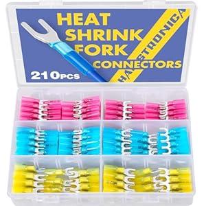 haisstronica 210PCS Heat Shrink Fork Spade Connectors #8#10 Waterproof Marine Grade Fork Terminal Connectors U-Type Blue Red Yellow 22-10 Gauge