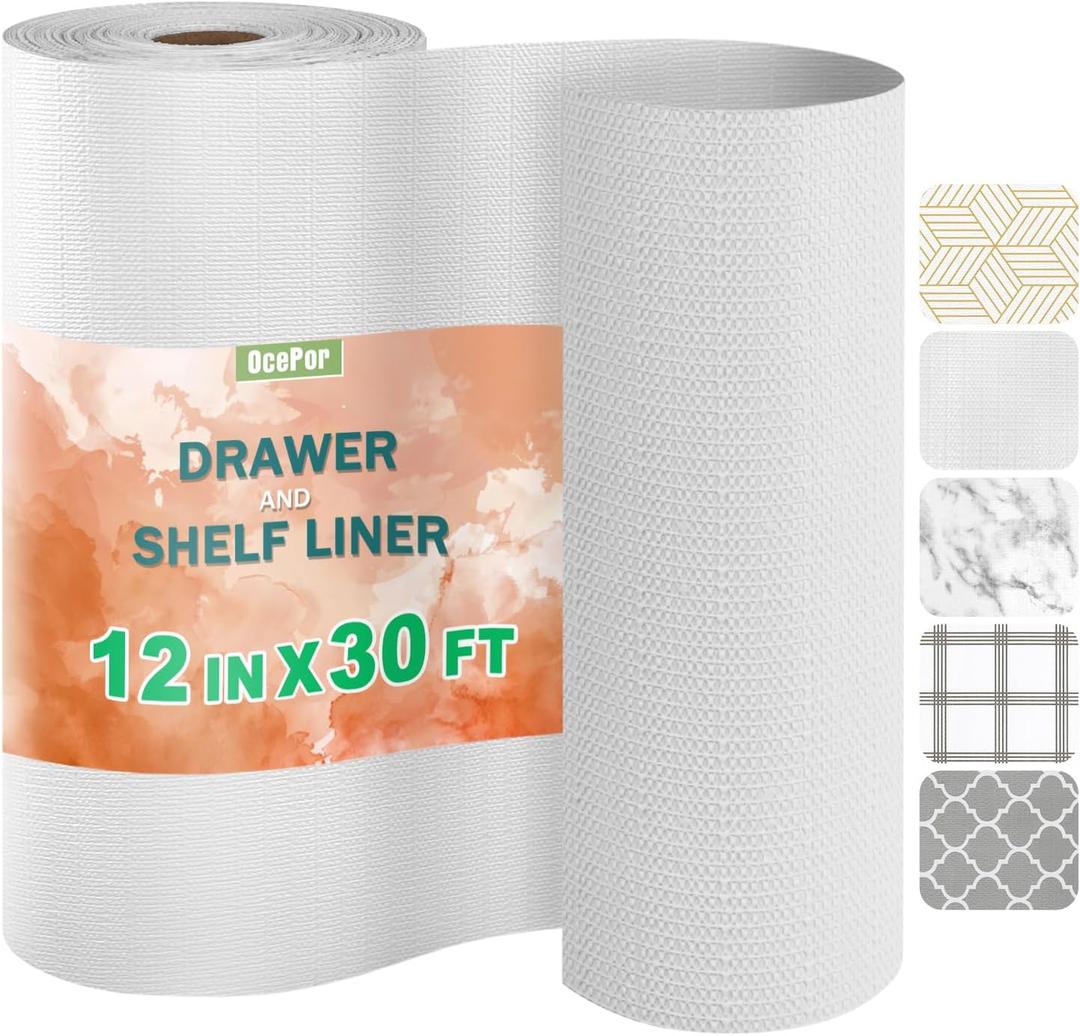 2 x OcePor Non-Adhesive Drawer and Shelf Liner 12IN x 30FT, Non Slip Cabinet and Cupboard Liner, Kitchen Cabinet Liners for Shelves,Waterproof Drawer Shelf Liners for Cabinets/Bathroom Cupboard, White