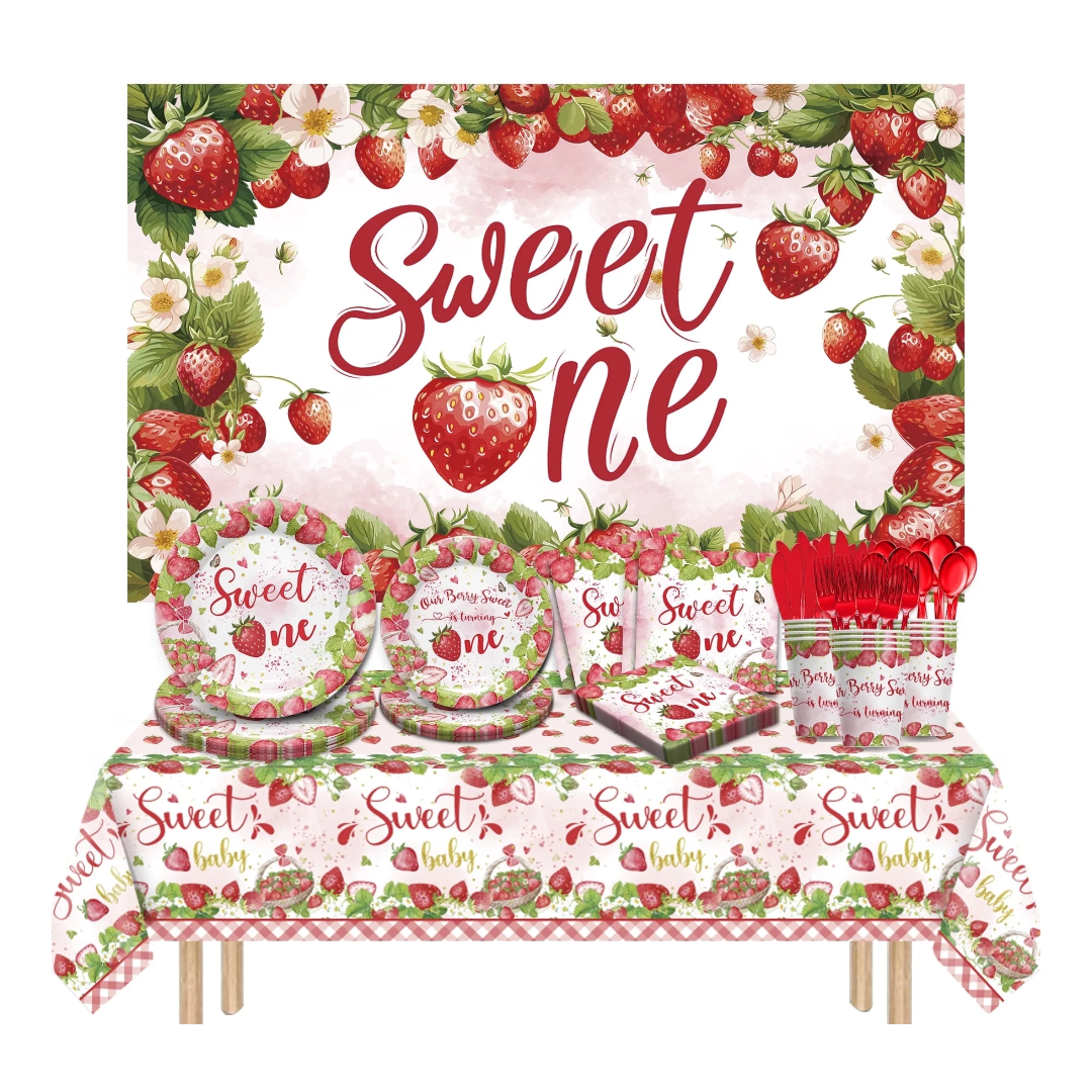 168Pcs Strawberry Party Supplies Tableware Set Plates and Napkins Set for Kids(Serves 24) Strawberry New Year Party Decorations Dinner Plates, Dessert Plates, Cups, Napkins, Knives, Forks, Spoons, 2 Packs