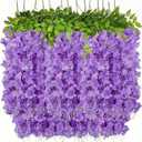 14PCS Artificial Wisteria Hanging Flowers, Six Leaf Blue Garland Silk Flowers Decoration, 43 Feet Fake Wisteria Vine Rattan String for Home Office Wedding Wall Garden Outdoor Party Violet