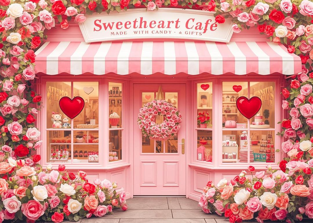 7x5 FT Valentines Day Backdrop Sweetheart Cafe Backdrop Flower Love Bear Photography Background Valentines Day Decorations Banner Photo Booth Props