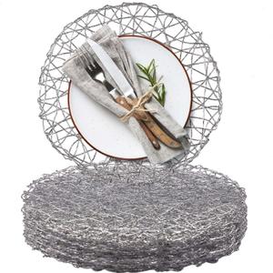 AHHFSMEI Paper Braided Round Placemats Set of 12 Natural Non-Slip Heat Resistant Table Mats for Dining Tables Woven Indoor & Outdoor Place mats for Thanksgiving(Silver)
