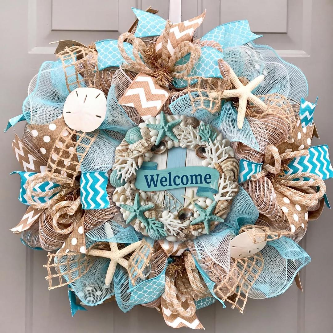 Summer Beach Door Decor 11.8 Inch Summer Beach Wreath for Front Door Starfish Seashell Hanging Sign Blue Coral Wall Hanger for Home Office Porch Indoor Outdoor Party Decor