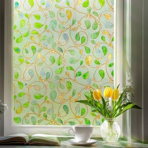 OHTMERU 3D Stained Glass Window Privacy Film, Heat Control UV Blocking Static Cling Decorative Window Film for Bathroom, Front Door, Home Non Adhesive 23.6 x 35.4 inches Gossamer Greensward, 3 Pack