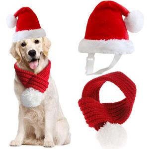 Inscape Data Christmas Dog Santa Hat with Scarf, Adjustable Santa Hat for Dog and Xmas Pet Knit Red Scarf with White Pompom Ball, Dog Winter Neck Warmer Scarf, Christmas Party Dressup , L