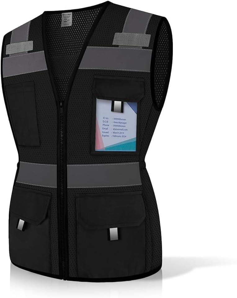 Safety Vest for Women 11 Pockets Mesh Reflective Vest with Zipper, Hi Vis Neon Construction Work Vest for Lady Workers/Surveyors/Drivers, Snug-Fit & Durable, ANSI Compliant, (U-Black, XXL)