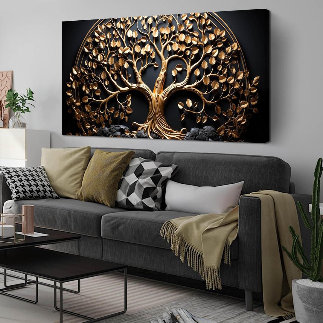 Tree Pictures Wall Decor Bedroom Black and Gold Wall Art for Living Room Large Wall Art for Office Large Size 29" x 58"