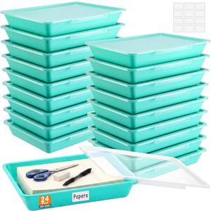 Tinlade 24 Pcs Classroom Paper Storage Bins with Lids, Teal, 13x10in