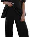 Tankaneo Women's 2 Piece Travel Outfits Casual Short Sleeve Knit Sweater Set Wide Leg Pants Lounge Sets Tracksuit (Large, Black)
