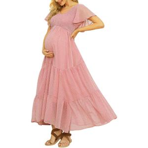 Swiss Dot Smocked Maternity Dress for Photoshoot Baby Shower, Flowy V Neck Ruffle Sleeve Empire Waist Tiered Dress (Large)