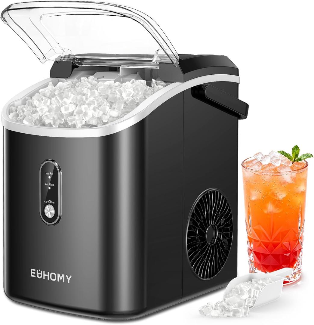 Nugget Ice Maker Countertop with Handle, Ready in 6 Mins, 34lbs Per Day, Removable Top Cover, Auto-Cleaning, Portable Sonic Ice Maker with Basket and Scoop, for Home/Party/RV/Camping (Black) 