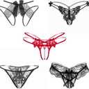 Women’s Sexy Panties Crotchless Lace Cheeky G-String Thongs for Women Pearls Ball Briefs Low Rise Underwear Pack (Black, M)